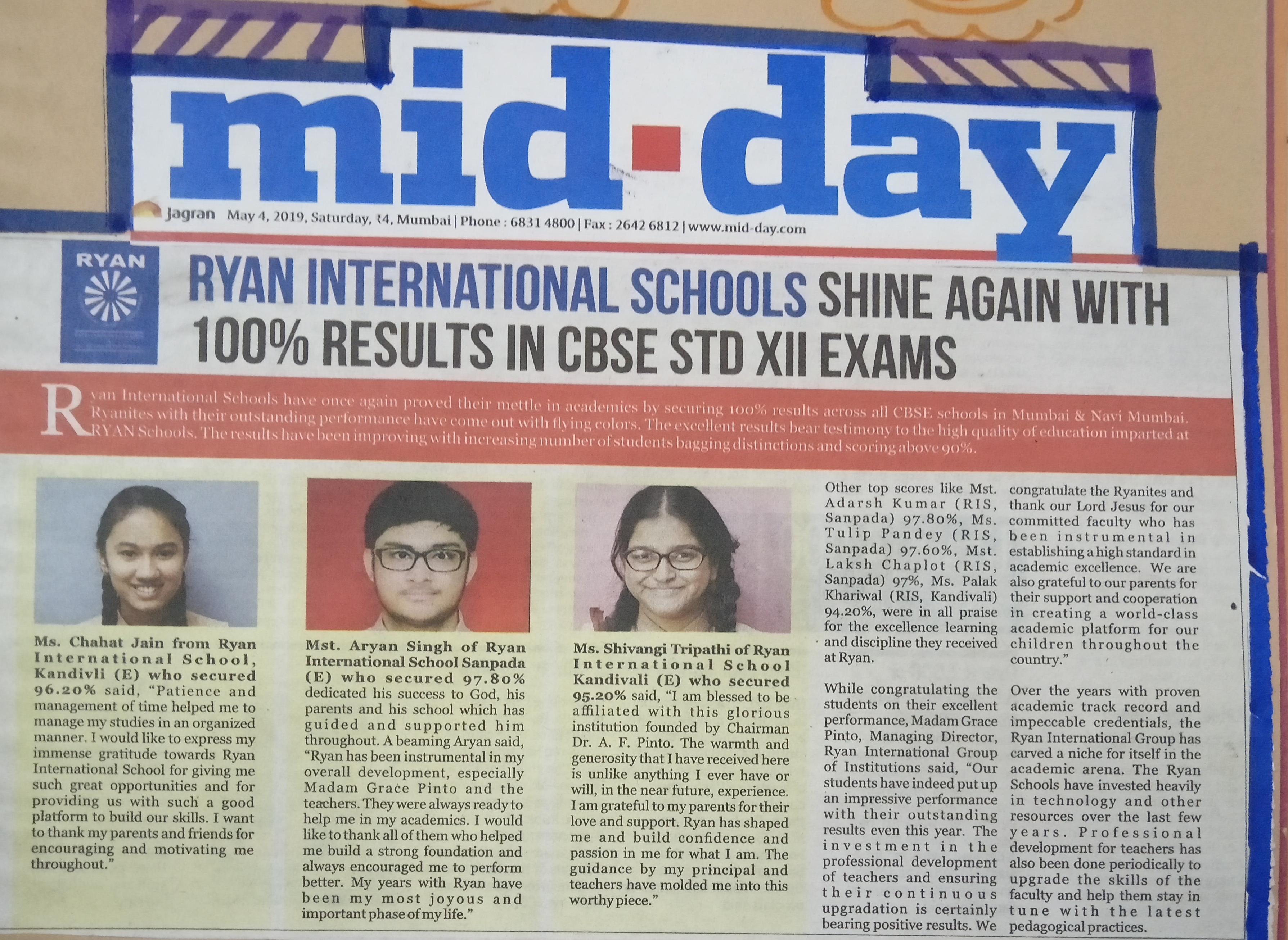 XII Board Results was featured in MIDDAY - Ryan International School, Sanpada